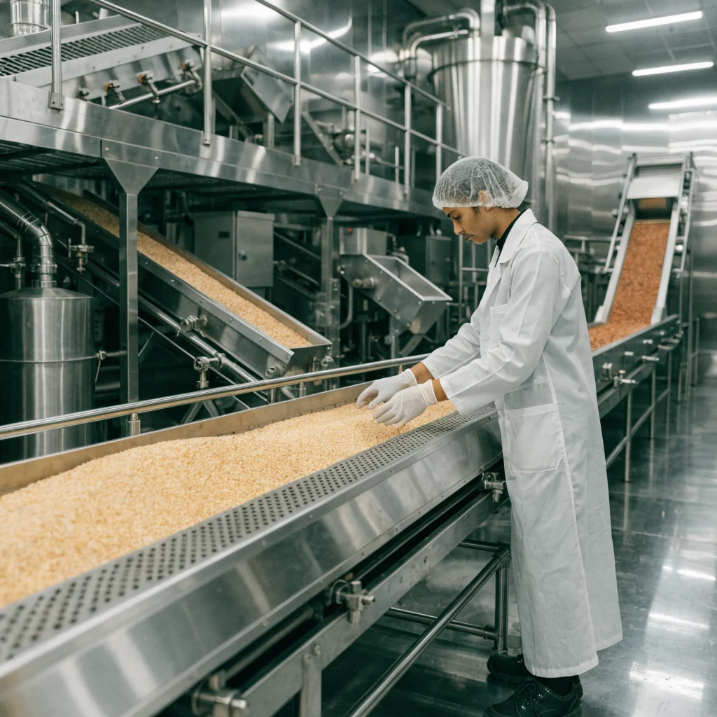 A stainless steel agro-processing line with a technician inspecting it