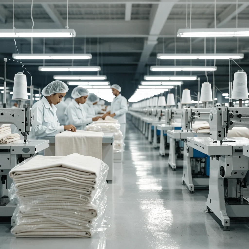A modern garment factory floor with rows of industrial sewing machines