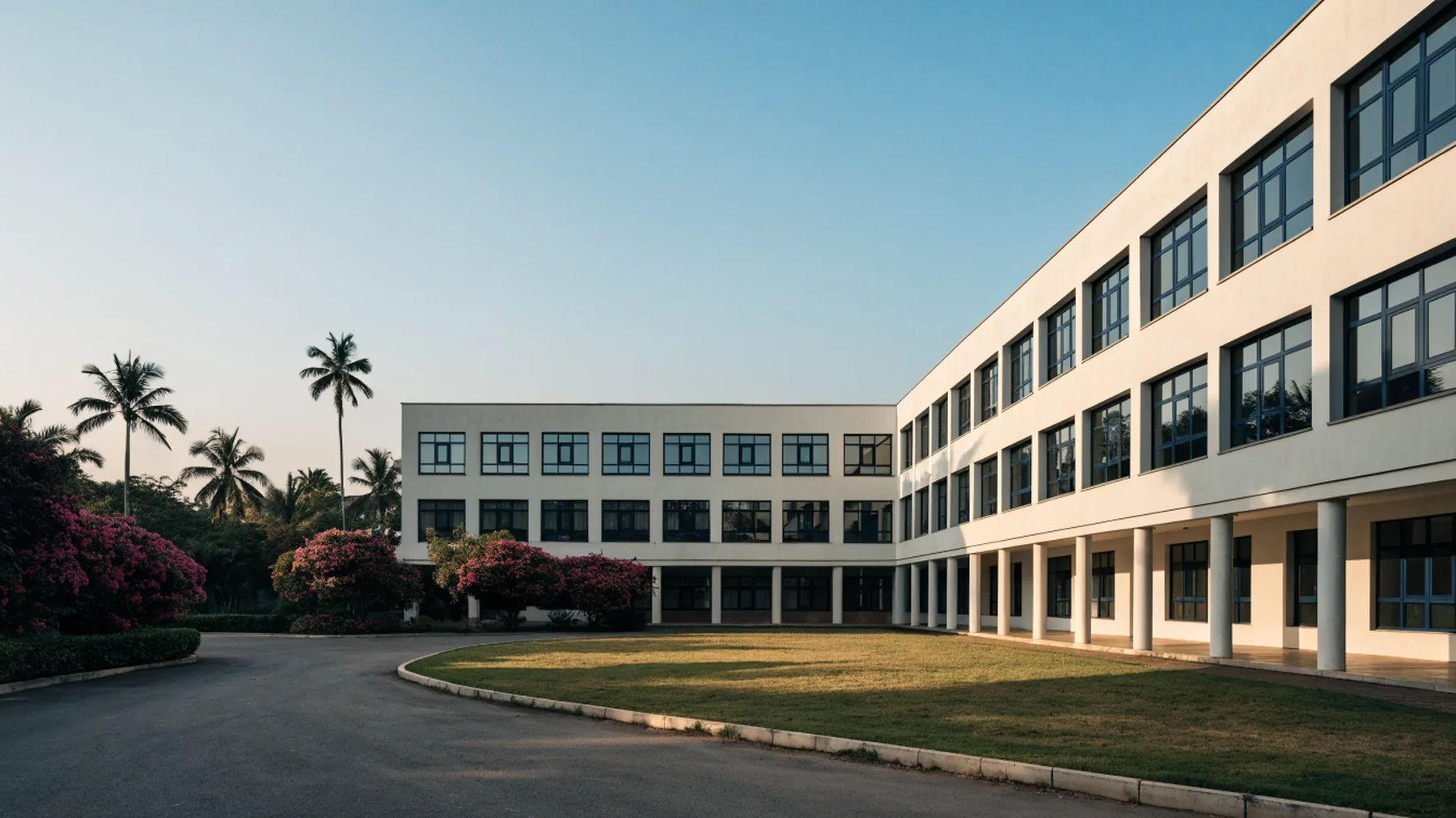 The Ashcombe International School building, three storeys in pale render with a colonnade and flowering bougainvillea