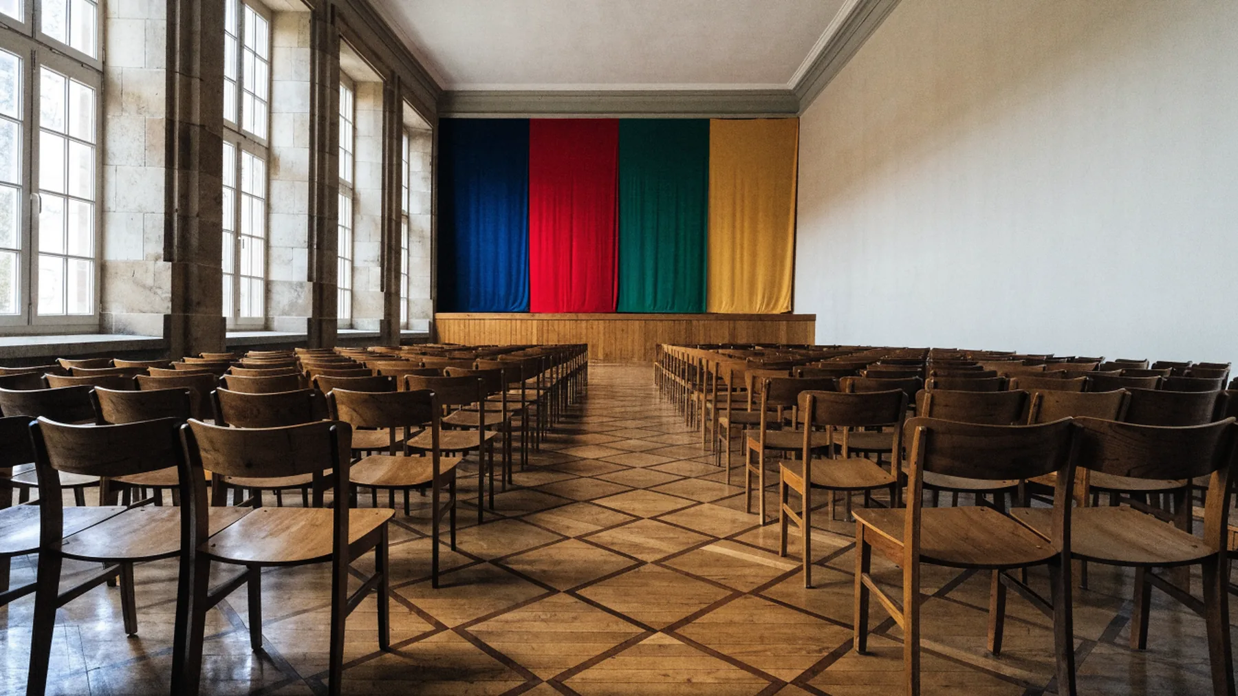 The school assembly hall, rows of empty wooden chairs facing a low stage hung with the four house colours