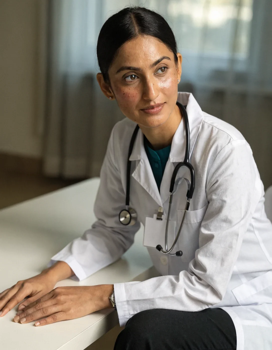 Dr. Nusrat Jahan seated at her consulting desk, listening