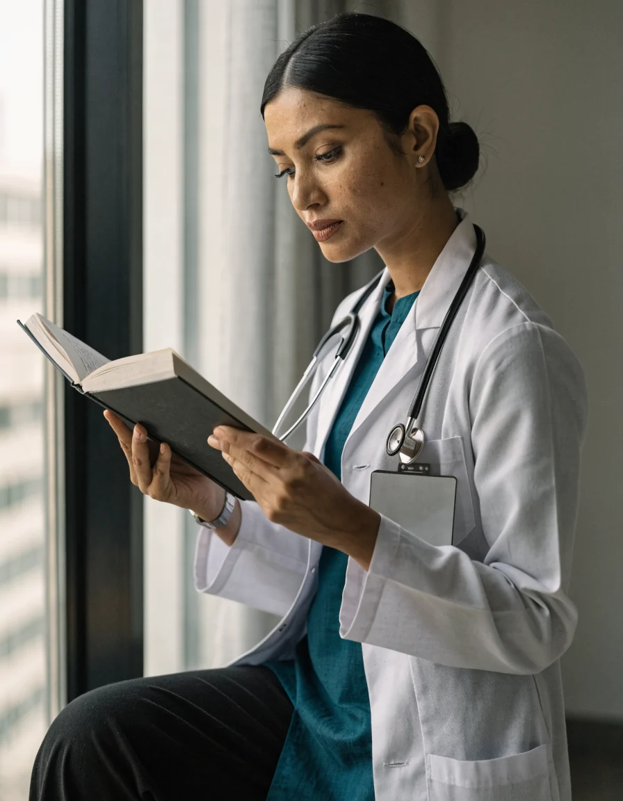 Dr. Nusrat Jahan reading a patient chart beside a window