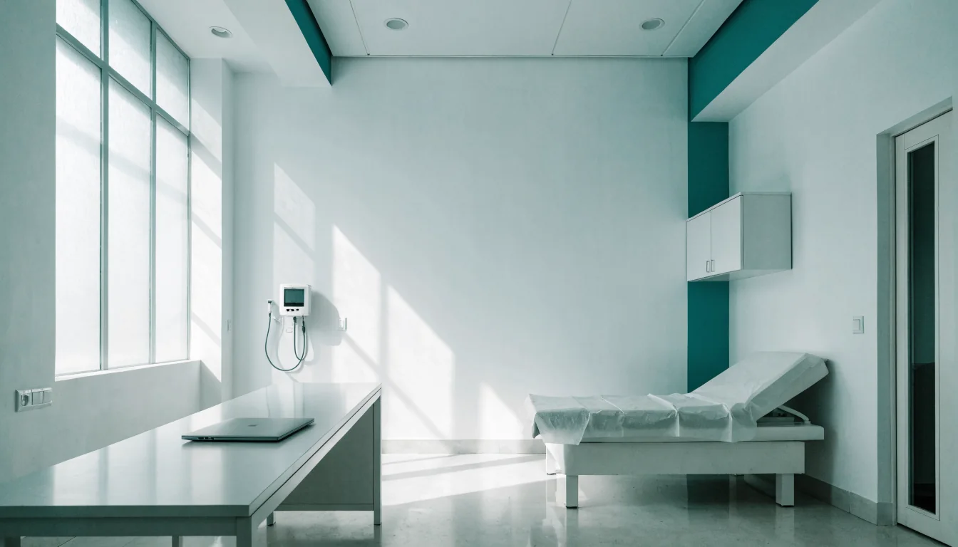 A clean, uncluttered modern consultation room with an examination couch and a tall window