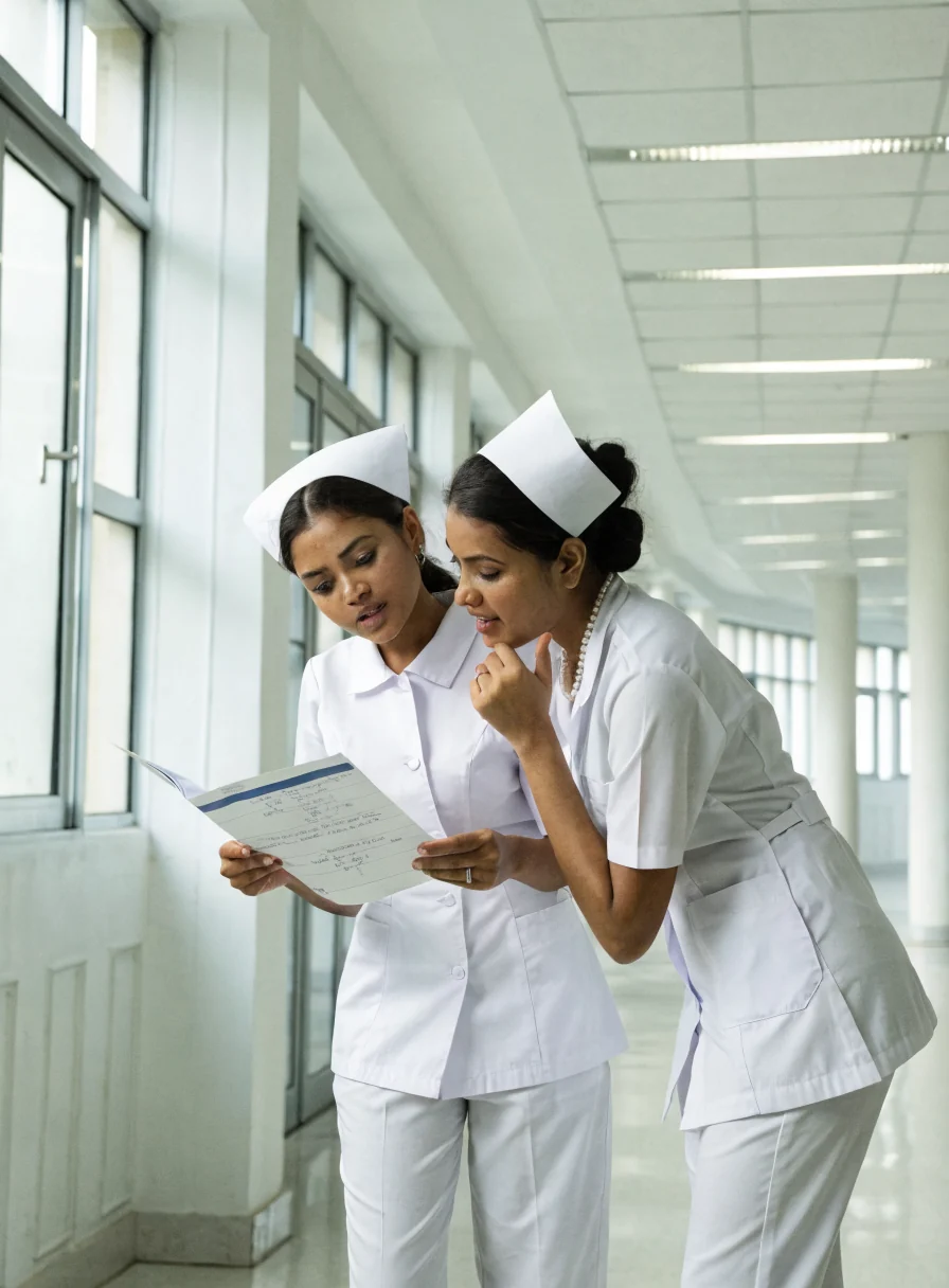 Two nurses reviewing a chart in a corridor