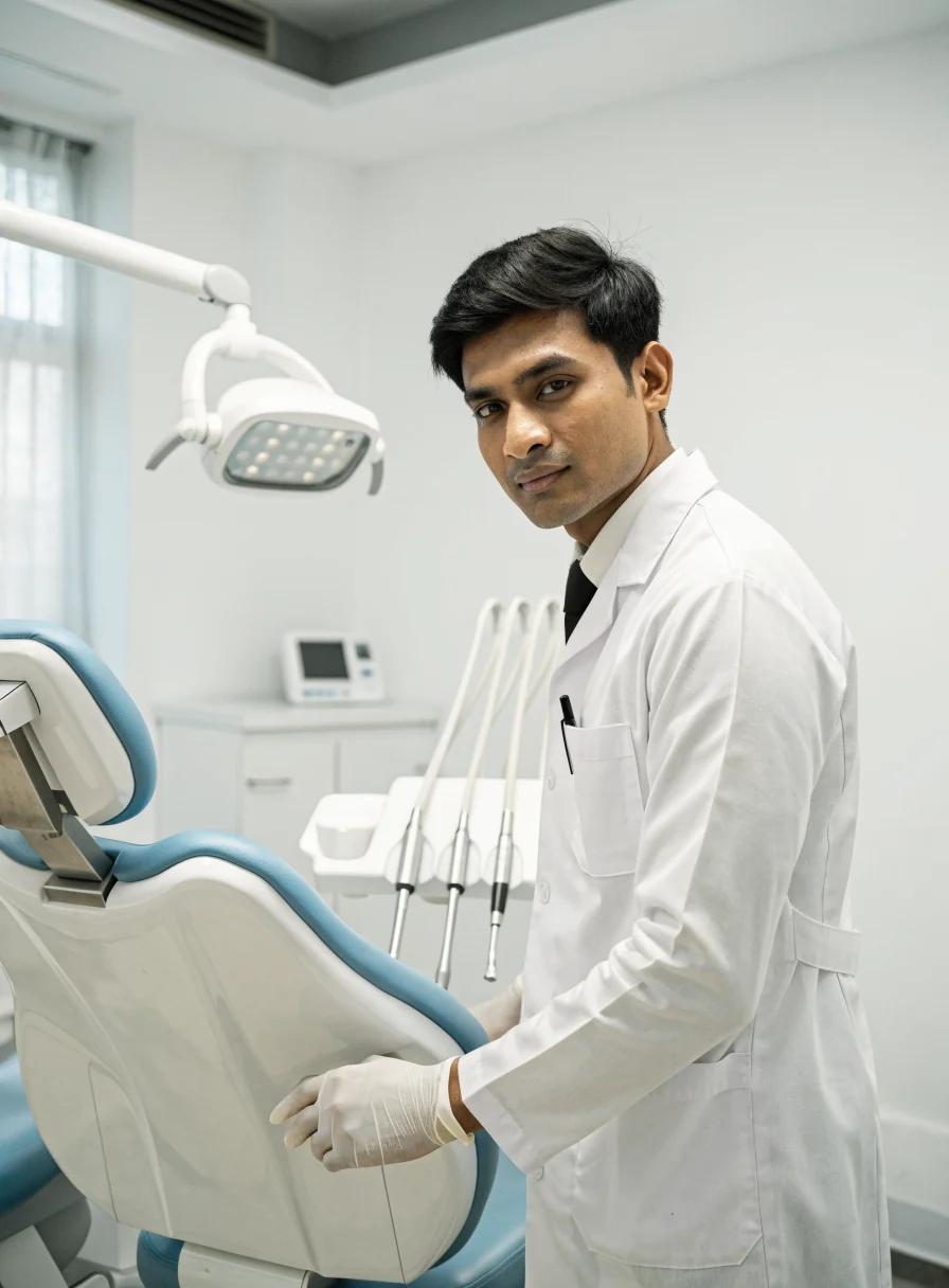 A dentist beside a modern dental chair
