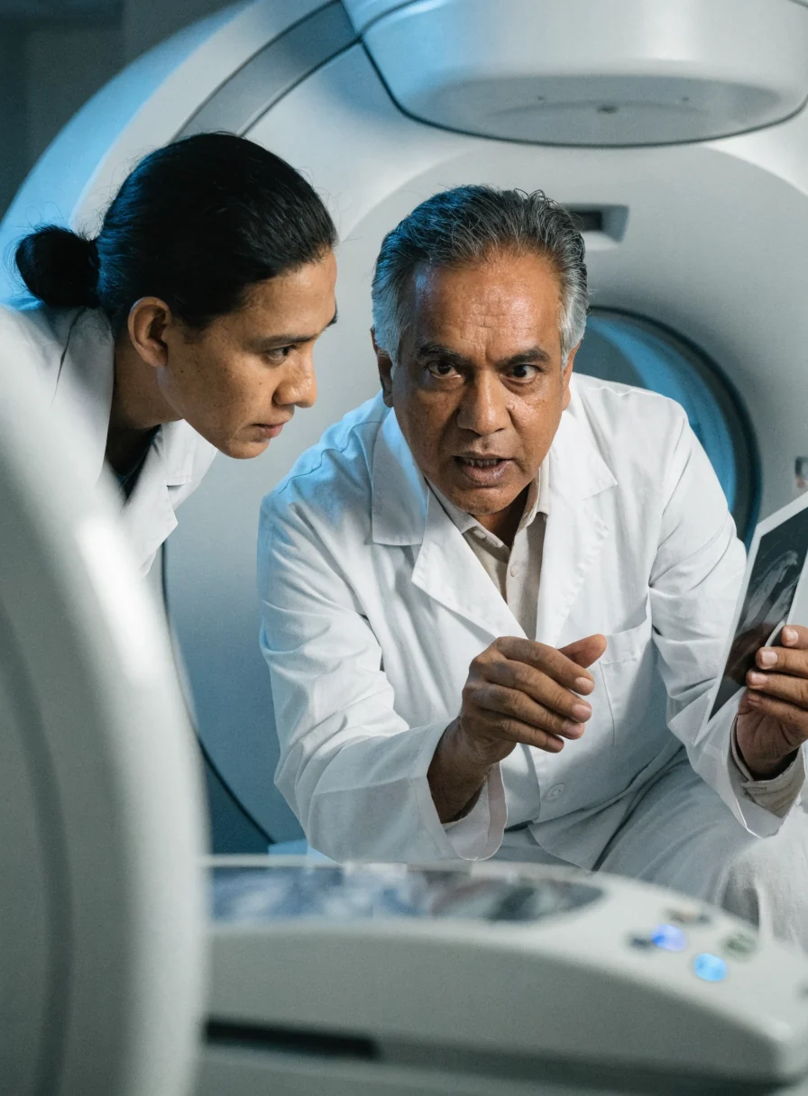 A consultant explaining a scan to a colleague