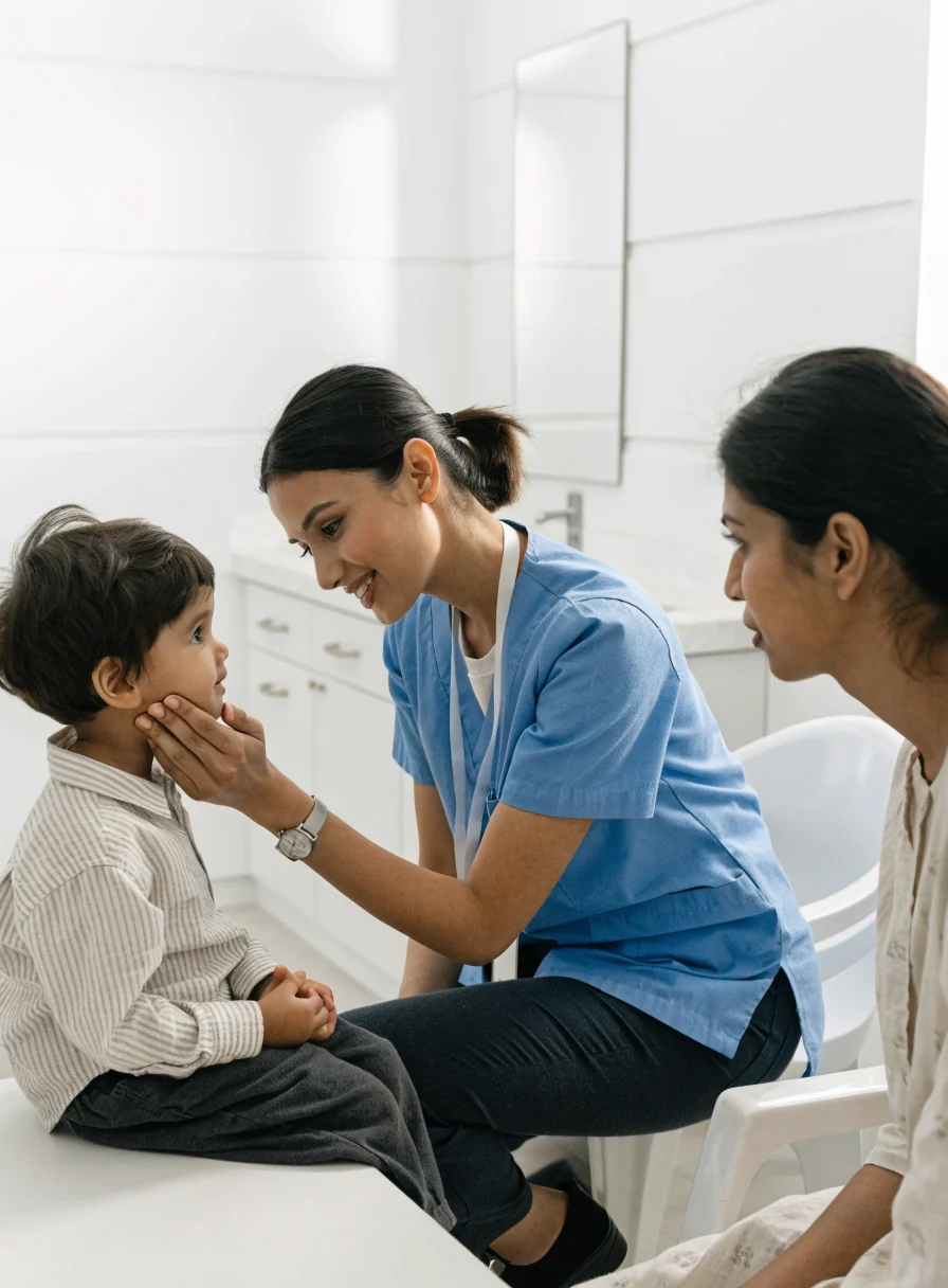 A paediatrician reassuring a young patient