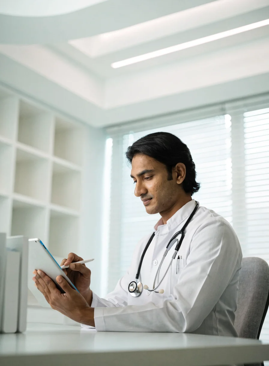 A doctor reviewing notes at a workstation