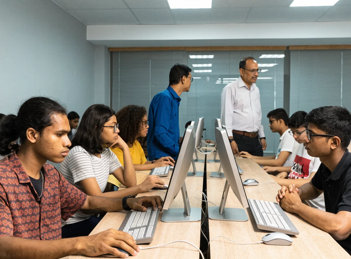 A modern computer training room with students practising