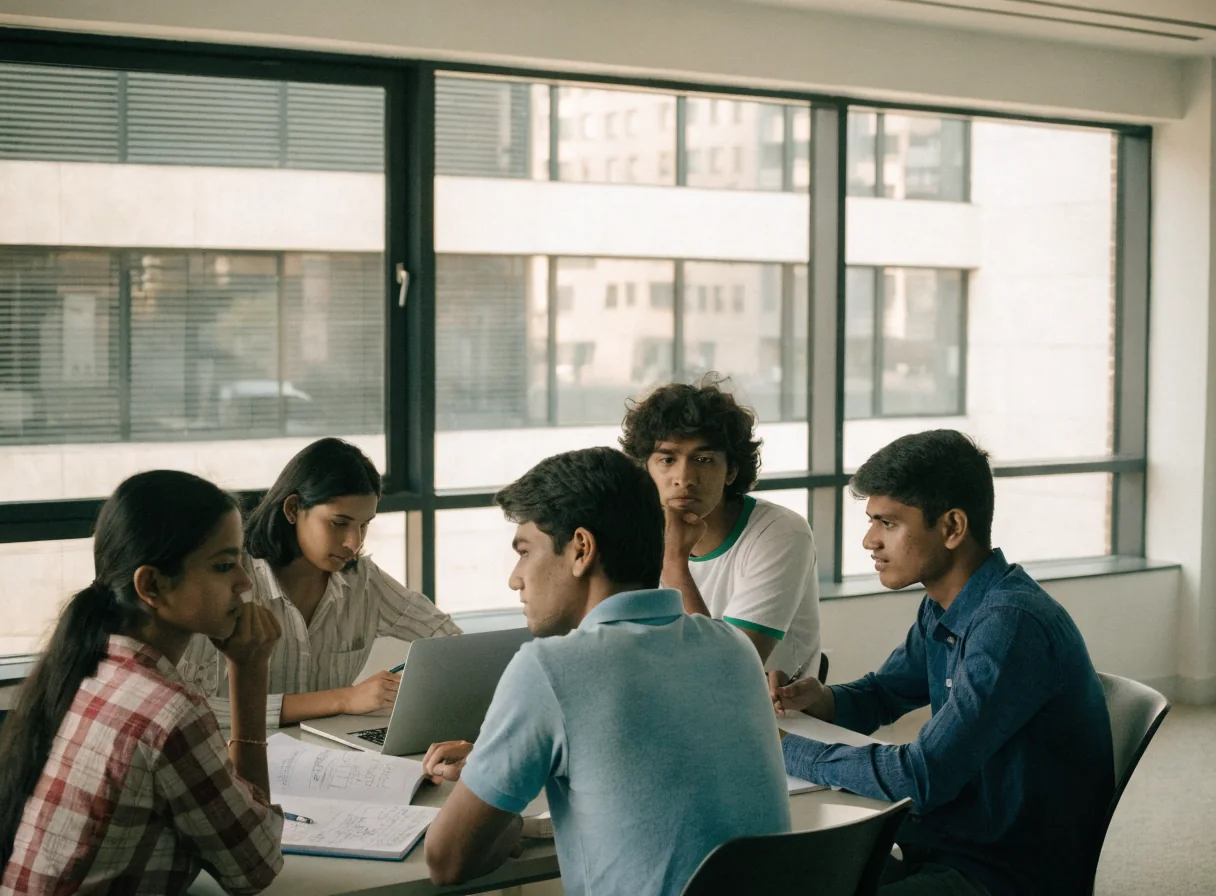 A small group of college students working together around a table