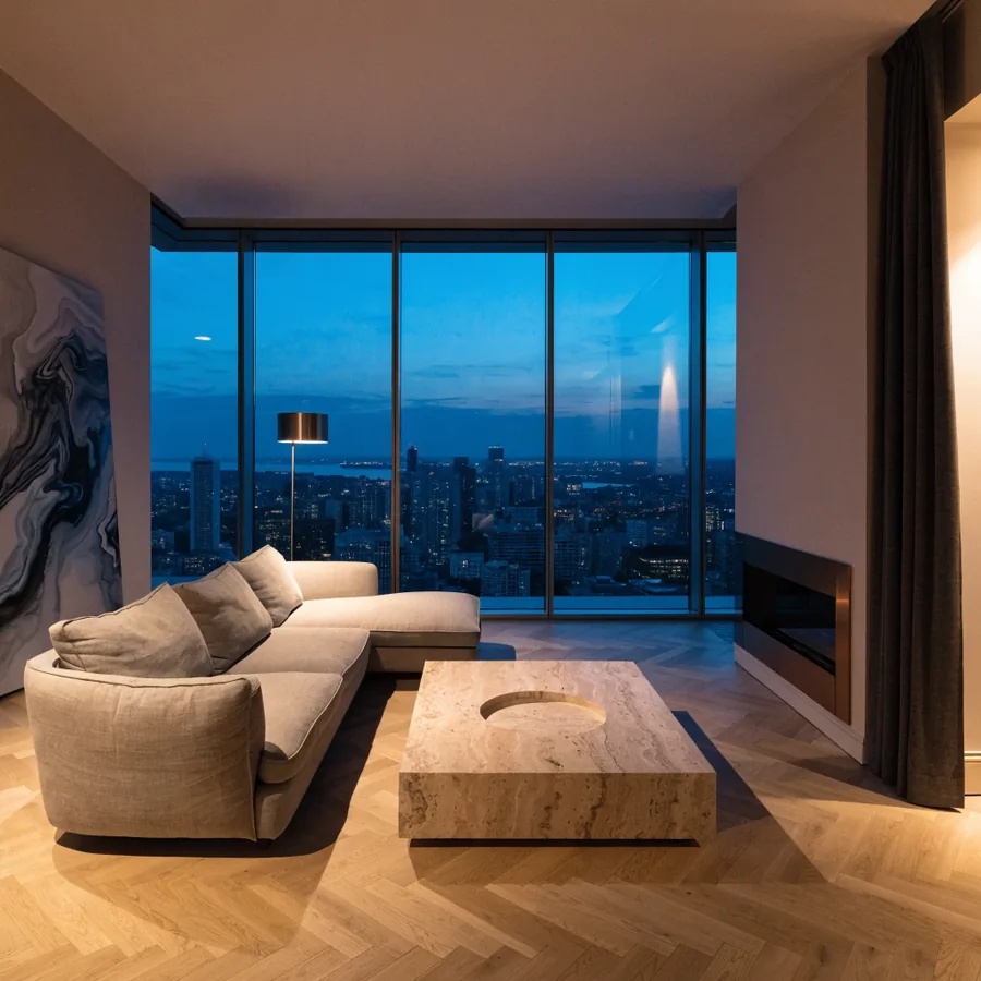 A living room with herringbone oak floor, a linen corner sofa and a stone table, facing full-height glass over the city at dusk