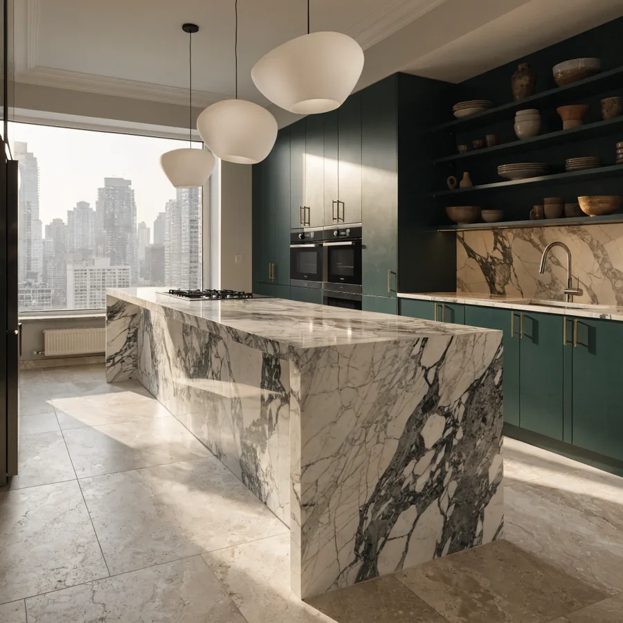A kitchen with a heavily veined marble waterfall island, deep green cabinetry, brass tap and three white globe pendants