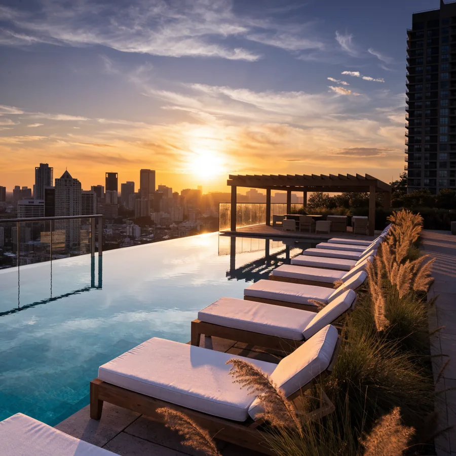A rooftop infinity pool at sunset with teak loungers, a pergola and ornamental grasses, the city skyline beyond