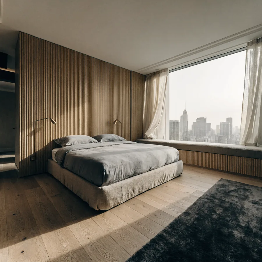 A bedroom with a fluted oak headboard wall, wide oak boards, a low linen bed and a window seat under a city window