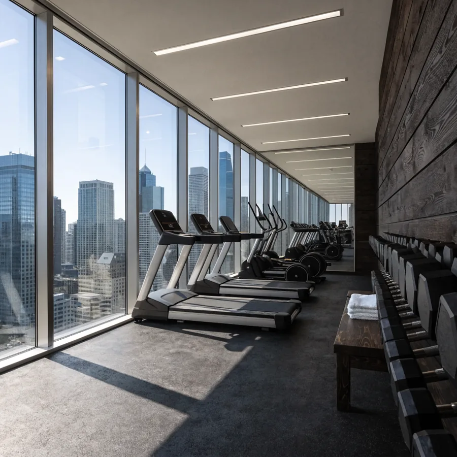 A gym on a high floor with treadmills facing a long run of full-height glazing and a timber wall of weights behind