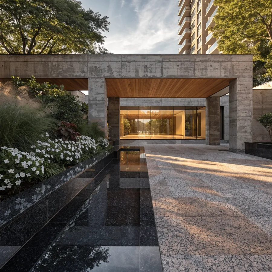 An arrival courtyard with a concrete porte-cochere, timber soffit, black granite water blade and white flowering planting