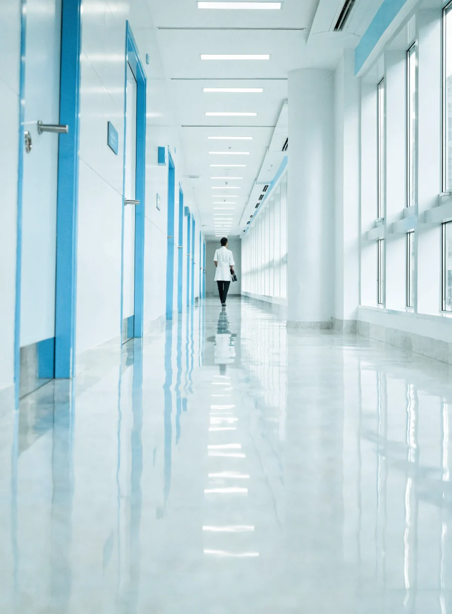 A spacious hospital corridor with tall windows