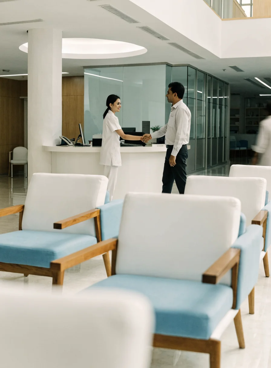 A bright hospital reception and waiting area