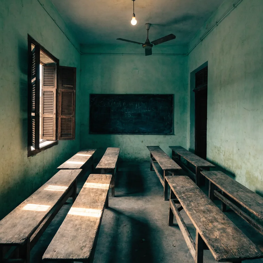 A small classroom with green plaster walls, a lit bare bulb, a ceiling fan, a shuttered window throwing bars of sunlight, a small blackboard on the end wall and two rows of long wooden benches