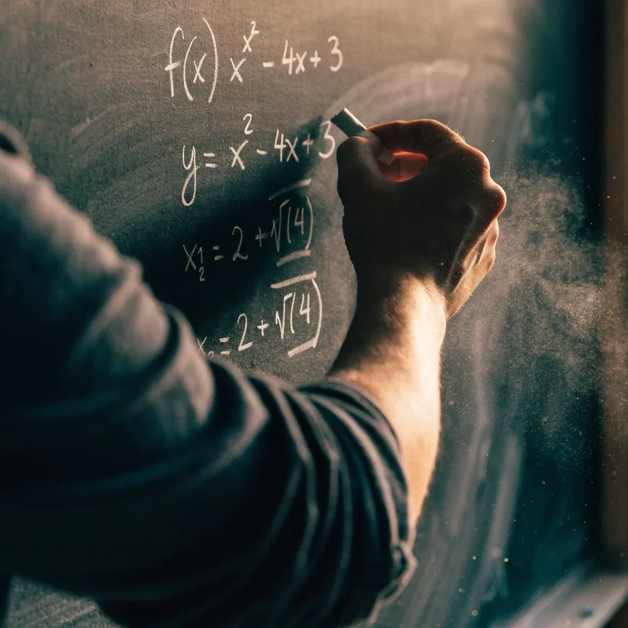 A hand in a rolled grey sleeve writing f of x equals x squared minus 4x plus 3 on a chalkboard, chalk dust hanging in the light