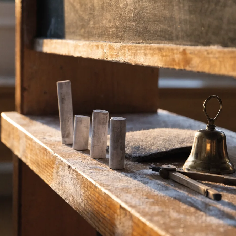 A wooden chalkboard ledge holding four short stubs of chalk standing upright, a felt duster, a brass handbell and a pair of compasses, all dusted with chalk