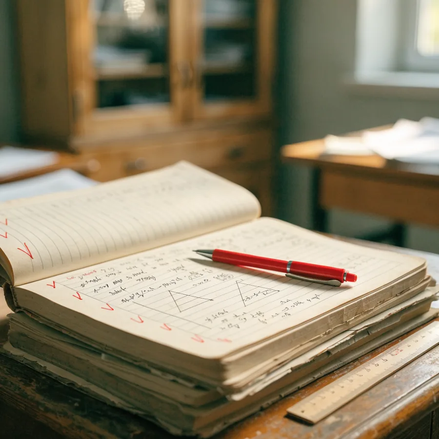 A thick stack of exercise books on a wooden desk, the top one open at a page of worked mathematics ticked in red, a red pen resting on the page and a wooden ruler beside it