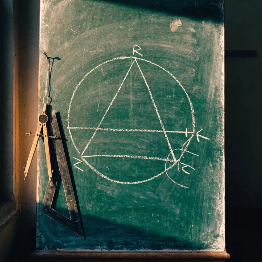 A green chalkboard with a circle, a triangle standing inside it on the diameter and faint construction arcs still showing, with a brass pair of compasses and a set square hanging on the wooden frame