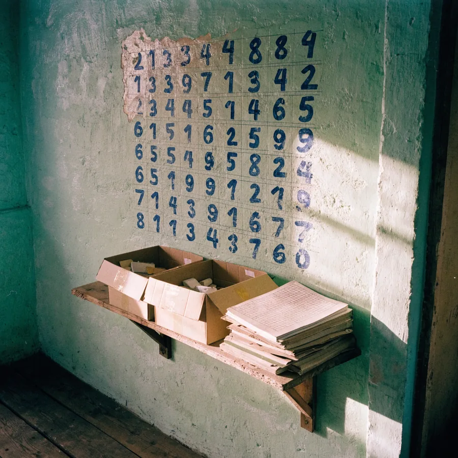 A green plaster wall with a multiplication grid hand-painted in blue numbers, the paint lifting at the top corner, and a wooden bracket shelf below holding a carton of chalk and a thick stack of graph books