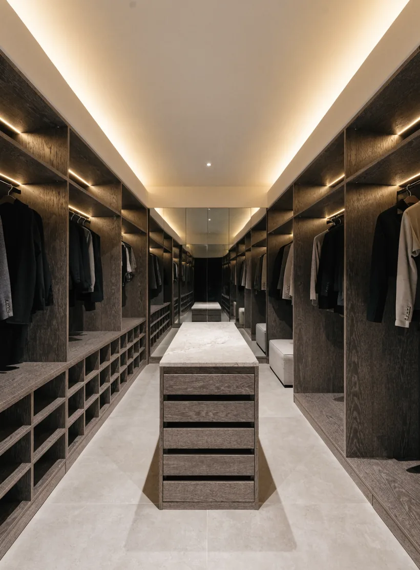 A walk-in dressing room with open smoked-oak joinery on both sides, lit shelves, a stone-topped island of drawers and a mirrored end wall