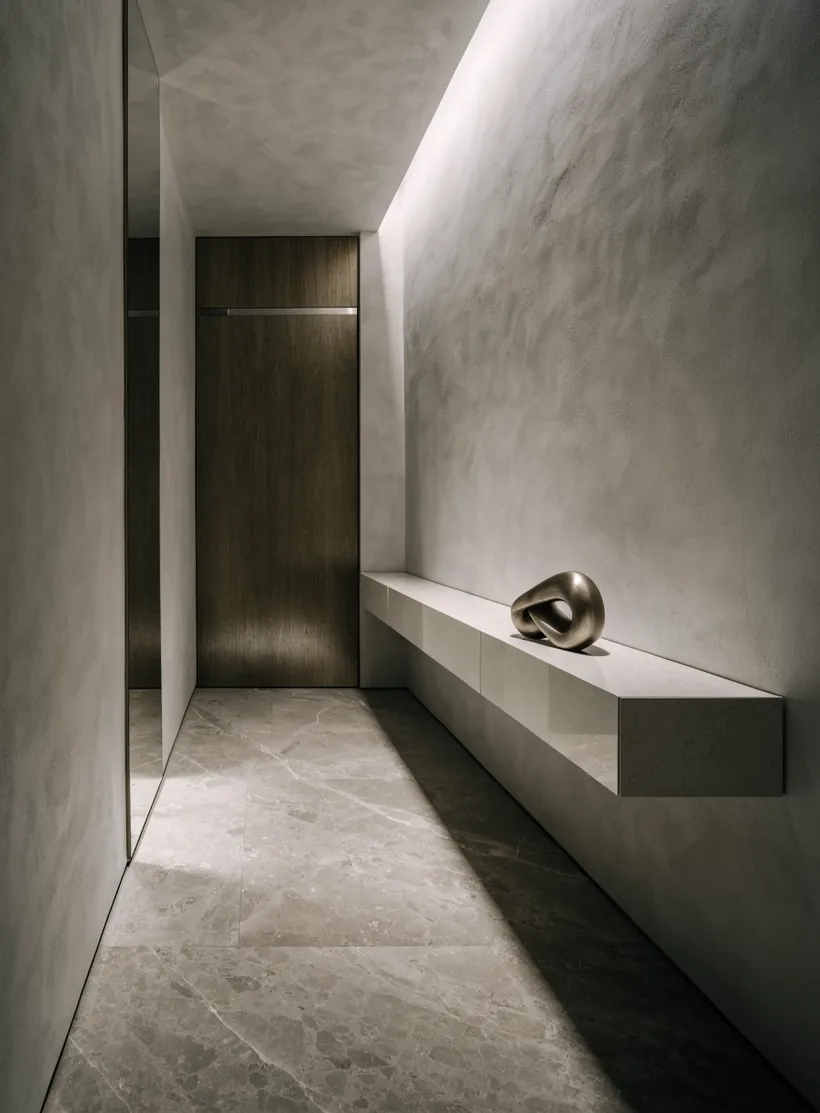 The entrance hall of Residence 41, a dark oak pivot door beside a floating stone bench, lit by one slot of daylight