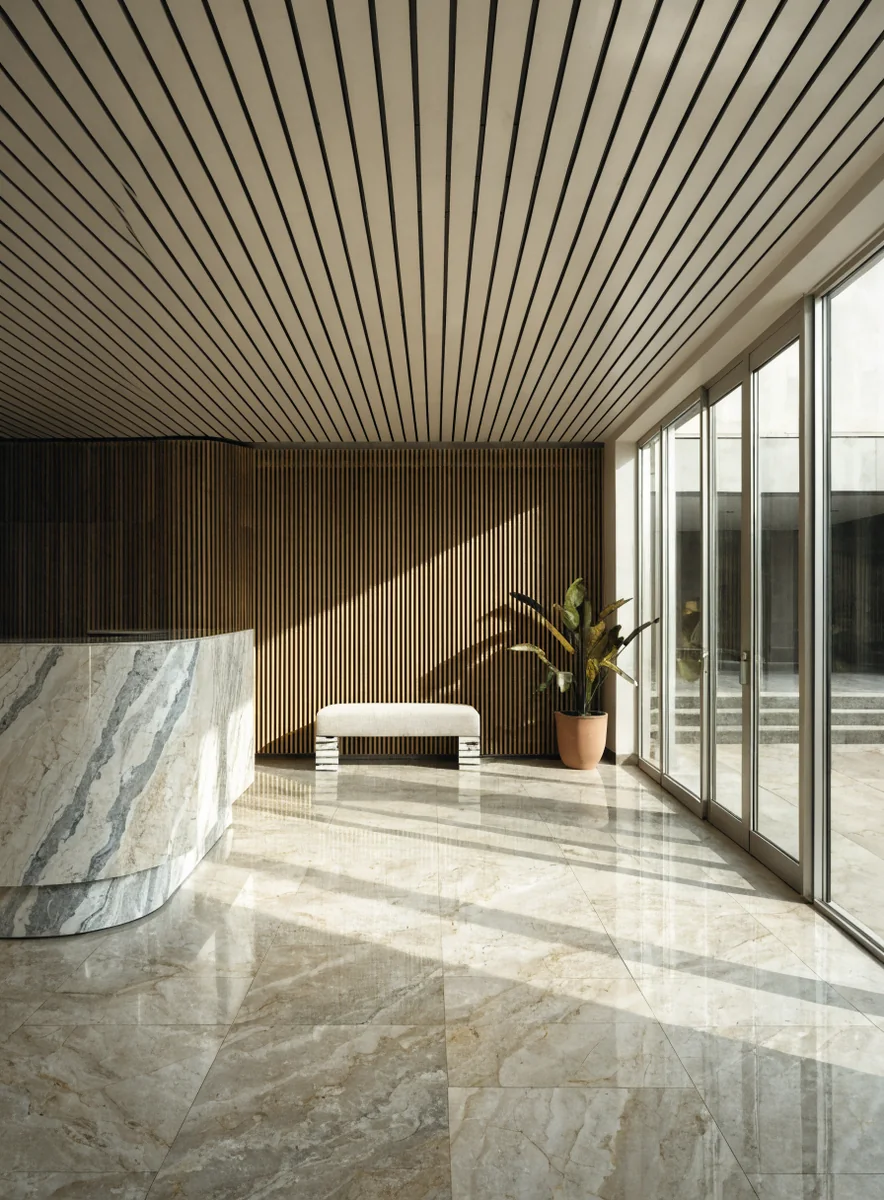 The marble lobby and reception desk