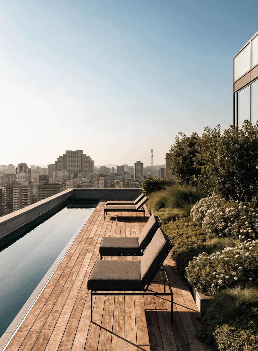 The roof deck and lap pool