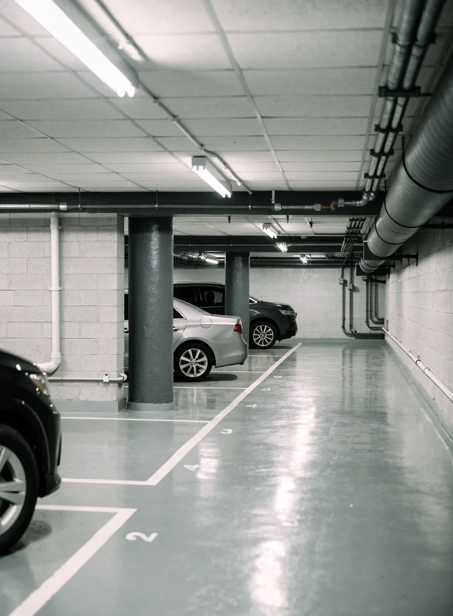 The covered car park under the building