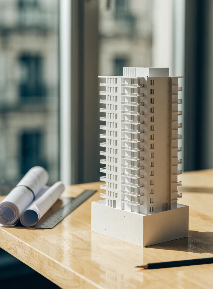 The scale model and the drawings on the table