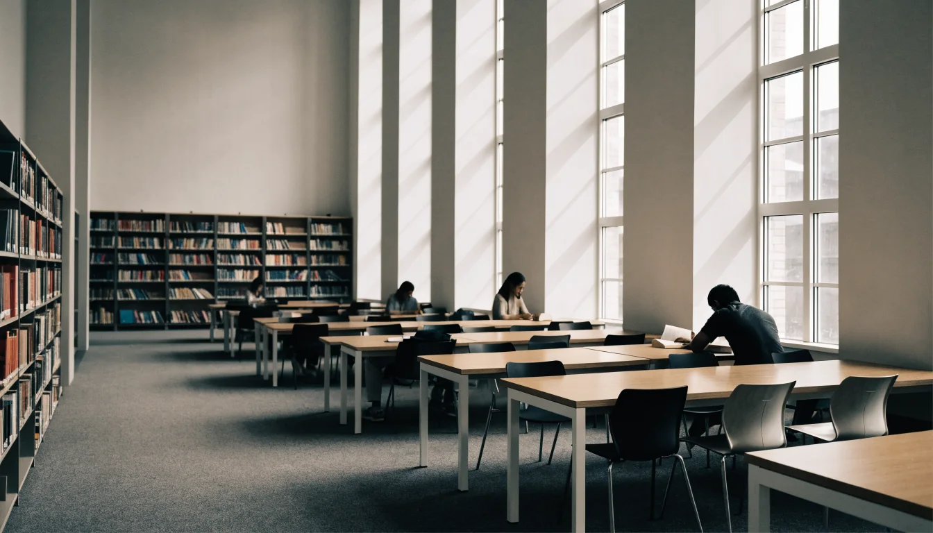 A bright modern university library with long study tables and bookshelves