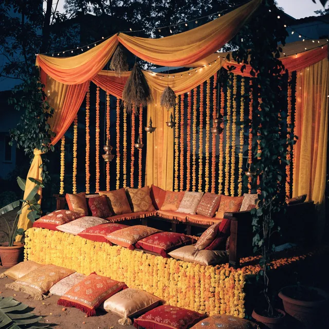A holud stage dressed in marigolds