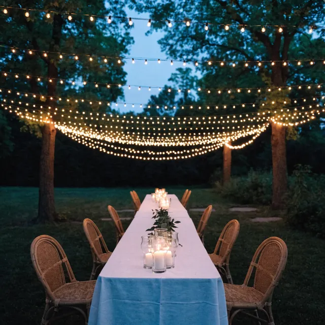 A garden table under strung lights at dusk