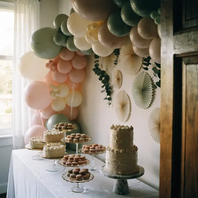 A dessert table under a balloon arch
