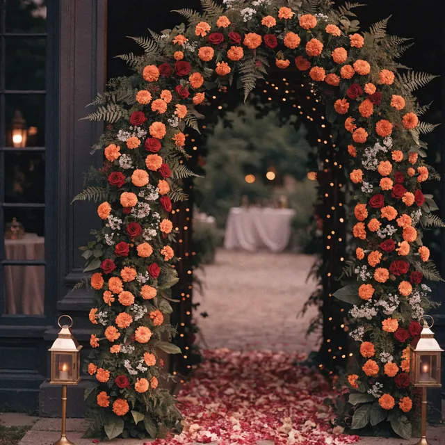 A marigold entrance arch at night